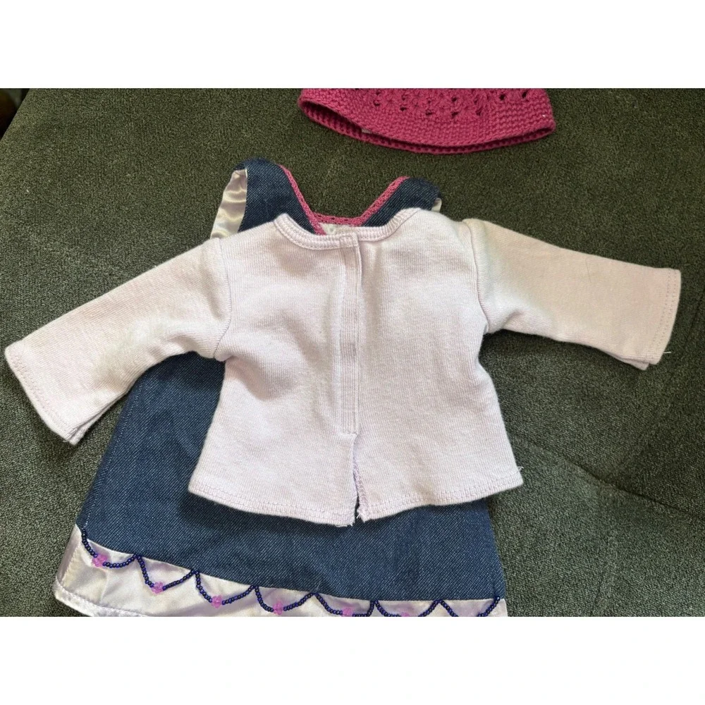 American Girl Doll Denim Jumper Dress Purple Shirt Pink Crochet Hat 3pc Outfit